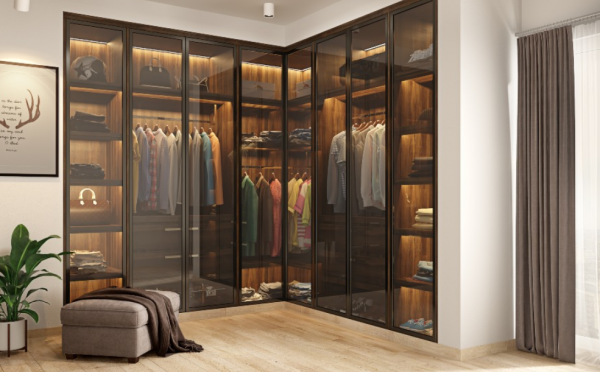 Lemari dengan rak terbuka dan laci dengan penutup kaca